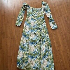 Reformation Sigmund Dress In Green Blue Floral Hillside Long Sleeve Midi 4
